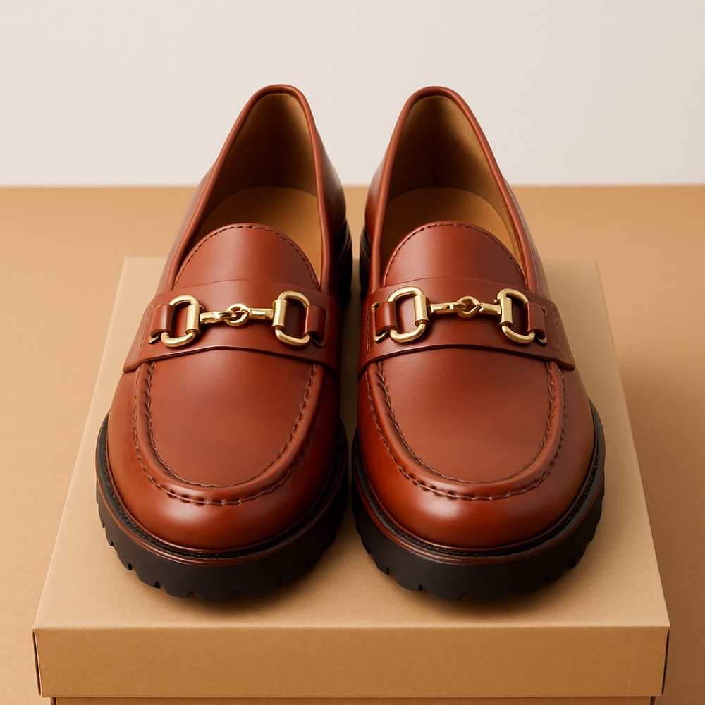 Clarks Brown Platform Loafers with Gold Accent